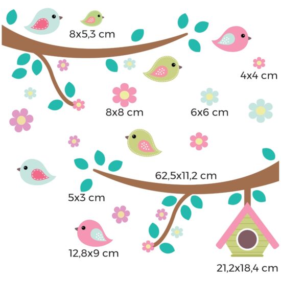 Adesivo de Parede Galho, Pássaros e Flores (2 galhos 80cm cada)