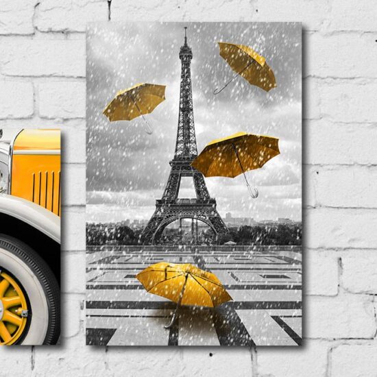 Kit Placa Decorativa MDF Cidades em Detalhe Amarelo Torre Eiffel
