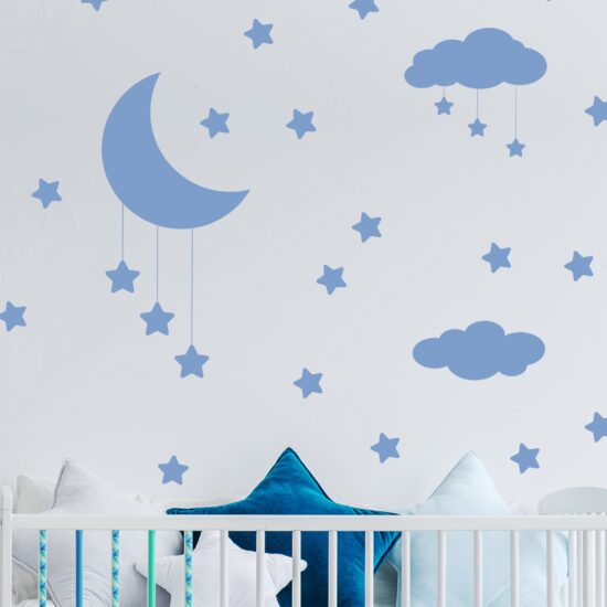 Adesivo de Parede Infantil Nuvens Lua e Estrelas Azul