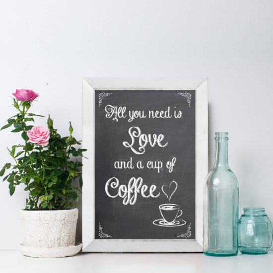 Quadro Decorativo com Moldura Branca Amor e Café
