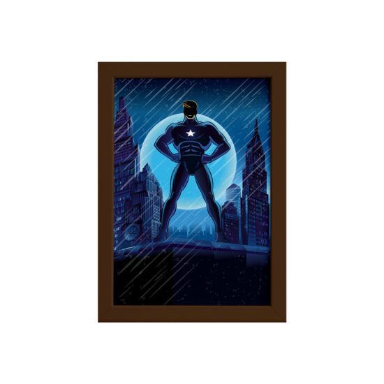 Quadro Super Heróis Geek Azul Estrela Moldura Marrom