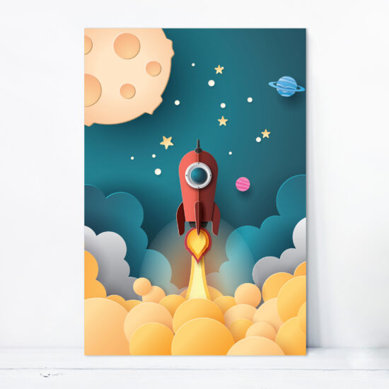 Placa Decorativa MDF Astronauta Foguete Vermelho