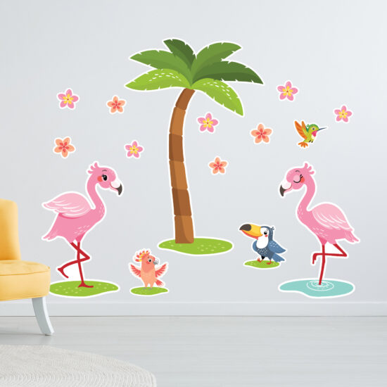 Adesivo de Parede Flamingos e Flores para Quarto de Menina