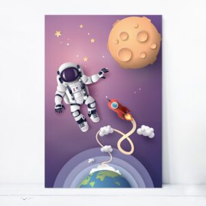 Placa Decorativa MDF Astrounauta e Foguete no Espaço