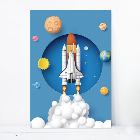 Placa Decorativa MDF Astronauta Foguete em Órbita