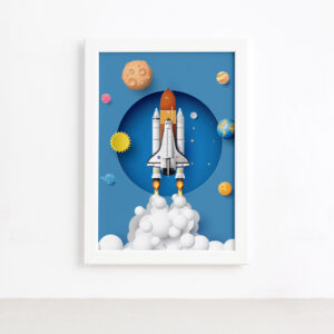 Quadro Astronauta Foguete em Órbita Moldura Branca 22x32cm,Quadro Astronauta Foguete em Órbita Moldura Branca 22x32cm