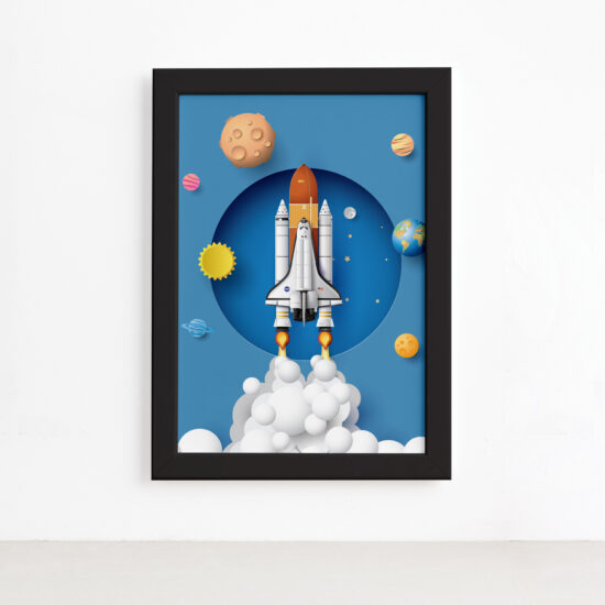 Quadro Astronauta Foguete em Órbita Moldura Preta 22x32cm,Quadro Astronauta Foguete em Órbita Moldura Preta 22x32cm