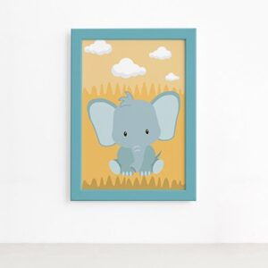 Quadro Infantil Safari Elefante Quarto Moldura Azul