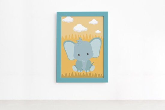 Quadro Infantil Safari Elefante Quarto Moldura Azul