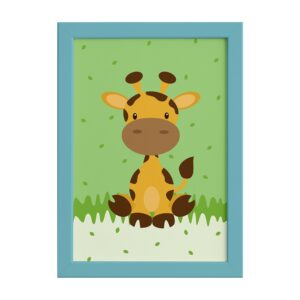 Quadro Infantil Safari Girafa para Quarto Moldura Azul