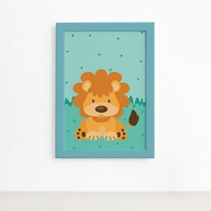 Quadro Infantil Safari Leão para Quarto Moldura Azul