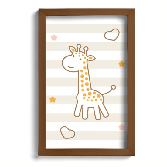 Quadro Infantil Girafa e Hipopótamo Marrom Kit 4un Moldura Marrom