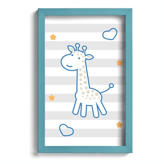 Quadro Infantil Girafa e Hipopótamo Azul Kit 4un Moldura Azul
