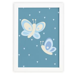 Quadro Coruja Baby Azul Borboletas Moldura Branca