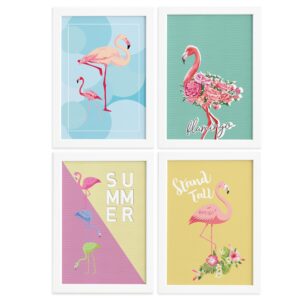 Quadros Decorativos Flamingos Moldura Branca 4un 22x32cm