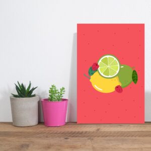 Placa Decorativa Frutas Coloridas Limões Framboesas 20x30cm