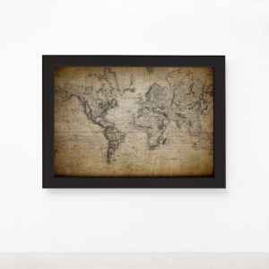 Quadro Vintage Mapa Mundi Antigo Moldura Preta
