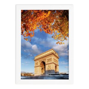 Quadro Foto Paris Arco Triunfo Flores Moldura Branca