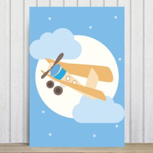Placa Decorativa para Quarto Infantil Azul Avião e Lua