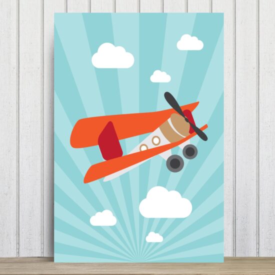 Placa Decorativa Infantil Azul Avião e Nuvens
