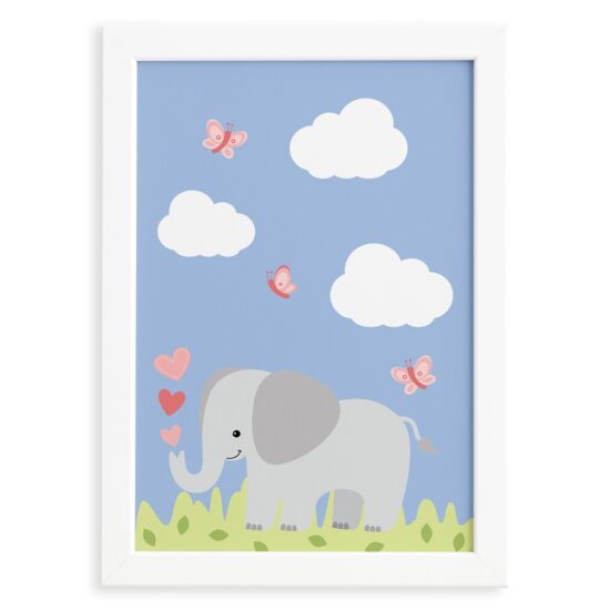 Quadro Safari Menina Elefante Moldura Branca