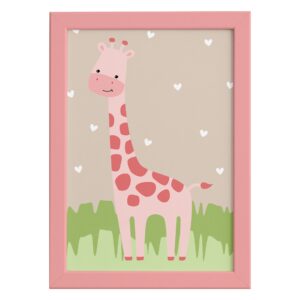 Quadro Safari Menina Girafa Moldura Rosa