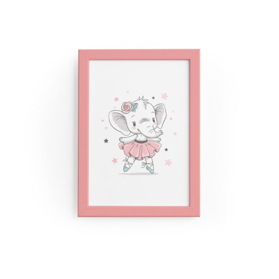 Quadro Elefante Bailarina e Estrelas Moldura Rosa