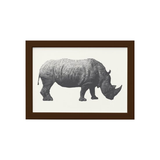 Quadro Safari Geométrico Rinoceronte Moldura Marrom