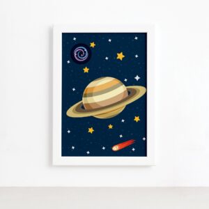 Quadro Decorativo Infantil Sistema Solar Saturno 22x32cm Moldura Branca